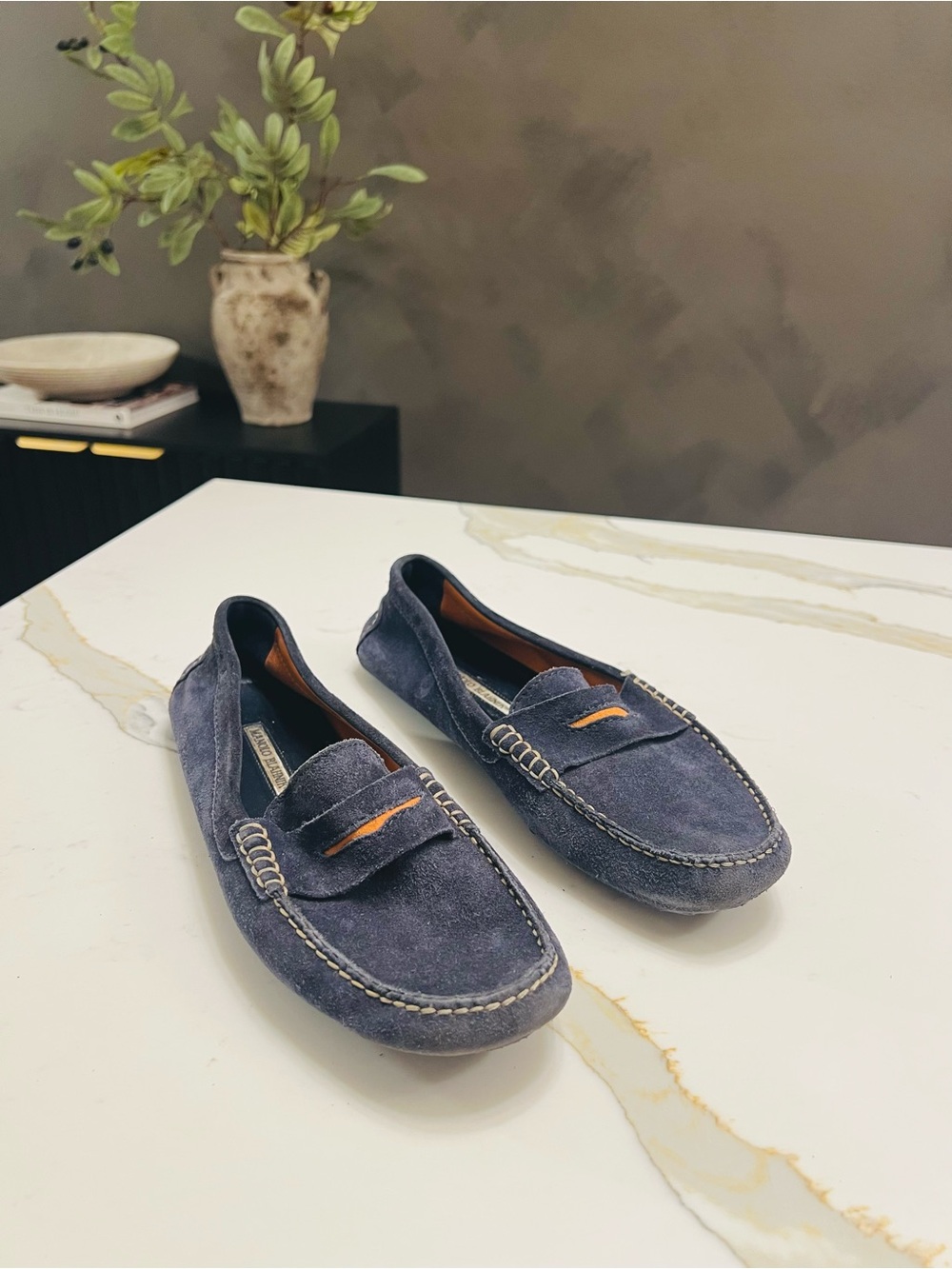 Manolo Blahnik Roadster Suede Penny Loafers in Navy 9.5